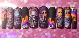 Handgefertigtes XL quadratisches hartes Gel Halloween "Monster Mash" Press On Nägel Größe Large - Bild 1 von 7