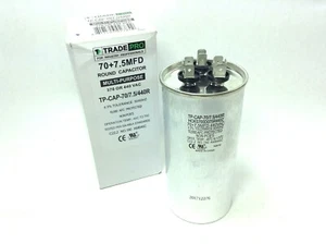 DENTED 70+7.5 MFD 370/440 TRADEPRO - TP-CAP-70/7.5/440R Volt Round Run Capacitor - Picture 1 of 1
