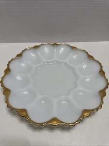 Vintage Anchor Hocking Milk Glass Deviled Egg Plate w/Gold Trim Edging - Picture 1 of 2