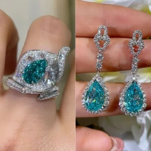 3ct Paraíba Color Pave Ring 11ct Ohrring Set 925 Silber 18k Gp Glanz Diamant - Bild 1 von 12