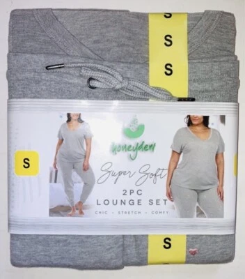 Juego de salón bordado Honeydew para dama, 2 piezas, pijama gris, pijamas corazones rosas Foto 1 de 4