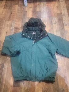 Starter Big Logo Jacket Hood Men's L Jacket Flannel lined Black Green Full Zip - Picture 1 of 6