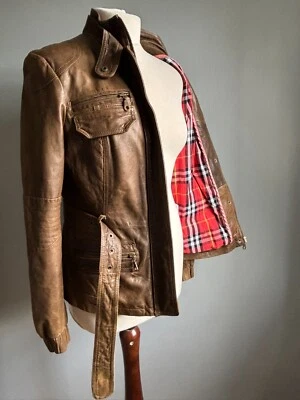 SIGUIENTE CHAQUETA DE CUERO MOTERO 10 cinturón safari militar suave marrón desgastado real Foto 1 de 4