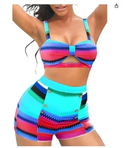 Women’s Swimsuits Two Piece Bikini High Waisted Small Blue, Red Bathing Suit Cut - Picture 1 of 4
