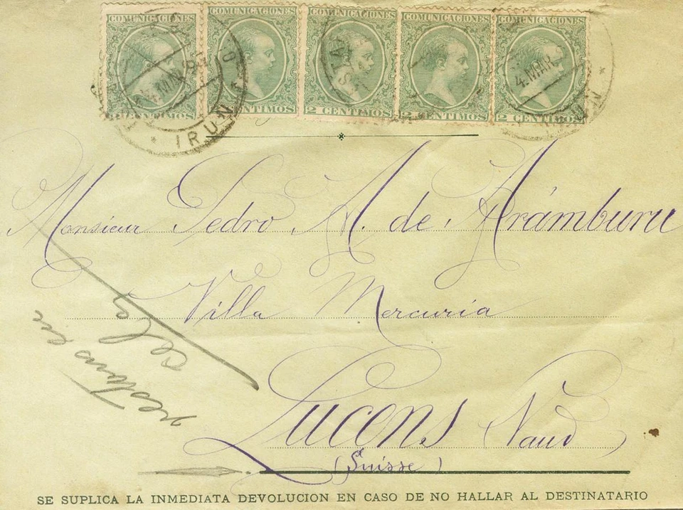 España. Alfonso XIII. SOBRE  213(5). 1897. 2 cts verde, cinco sellos. IRUN a LU - Imagen 1 de 2