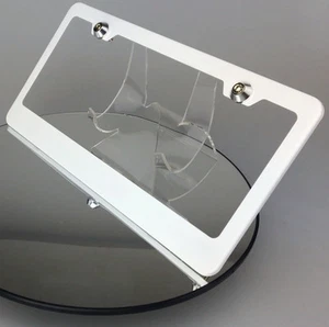 New Flat White License Plate Frame w/ Aluminum Circle Type Screw Caps BMW Lexus - Picture 1 of 9