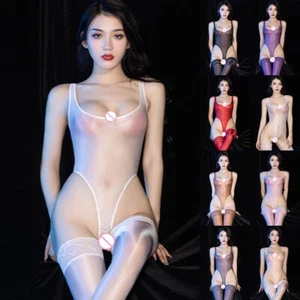 Women Sheer Bodysuit High Cut Leotard Thong Rompers Crothless Sexy Lingerie - Picture 1 of 37