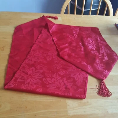 christmas table runner, red with poinsettias, 70x13+ tassles, machine washable - Image 1 of 3