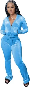 yidengymx Womens 2 Piece Velour Tracksuit Large, Hoodie/Wide Leg Pants-blue - Picture 1 of 8