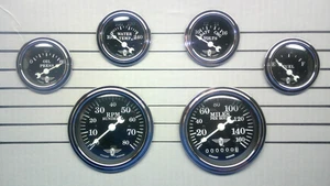 NOS Stewart Warner Wings Six Gauge Set All Electric w/ Black Face 82223 Hot Rod - Picture 1 of 18