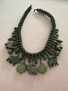 Vintage Safari Carved Wood Bead Cluster Statement Necklace Elephants, Lions 22” - Picture 1 of 15