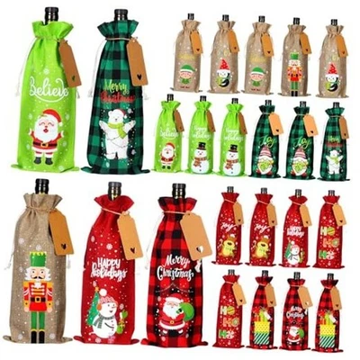 24 Pcs Burlap Wine Gift Bags with Tags and Ropes - Reusable Xmas Snowman Santa  - Image 1 of 4
