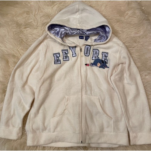 OFF WHITE Felpa con cappuccio vintage Disney Eeyore XL pile peluche ricamato zip Y2K nuova senza etichette rara