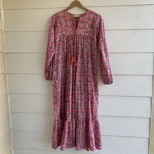 Jayshree Dalal Women Maxi Dress Floral Print Long Sleeve Tassel Small Pink - Picture 1 of 10