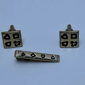 Vintage SWANK gold tone cufflink & tie tack poker player cards heart spade etc - Picture 1 of 7