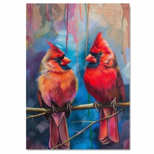 Cardenales rojos en rama en arte pincelada plano laminado, enmarcado o envuelto lienzo - Imagen 1 de 19