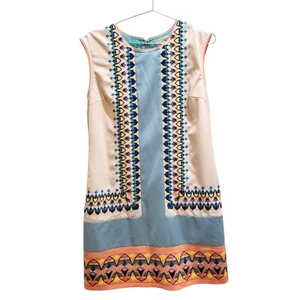 Champagne Strawberry Turquoise Coral Embroidered Boho Shift Dress Sz L 70s Style - Picture 1 of 12