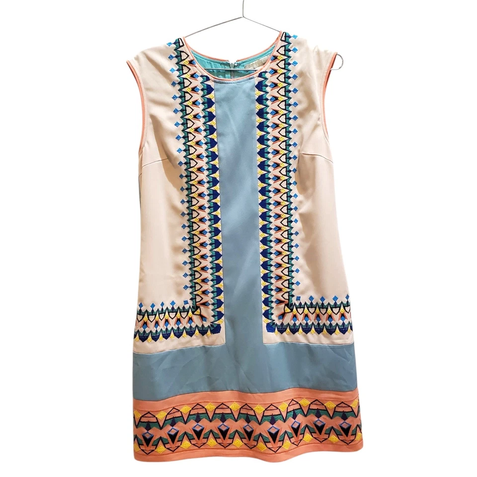 Champagne Strawberry Turquoise Coral Embroidered Boho Shift Dress Sz L 70s Style - Image 1 of 4