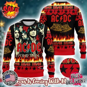 NEU!! ACDC High Way To Hell X Hells Bells Signature Albums Xmas B-R Ugly Sweater - Bild 1 von 4