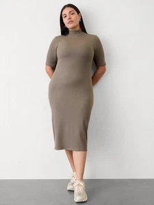 Abito donna Athleta Signature costina finto collo grande grigio elasticizzato modal aderente midi - Foto 1 di 8