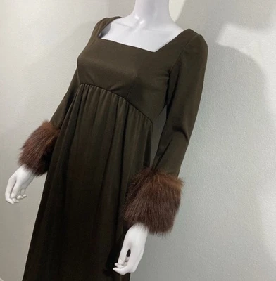 Vintage 1960s Victoria Royal Ltd. Brown Fur Trim Long Sleeve Dress Maxi Length - Image 1 of 4