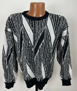 Vintage 80s Sweater Mens Medium Fuzzy Tweed Knit Color Block Vaporwave Preppy - Picture 1 of 13