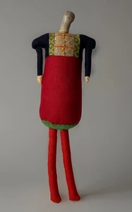 Charla Khanna Folk Art Primitive Oil Cloth Face Doll Red Dress 13”Tall Signed - Picture 1 of 10