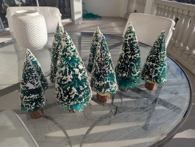 Lot 8 Vintage Bottle Brush Christmas Trees w Snow-Wood Base 9.5” G Scale For LGB - image 1 of 4