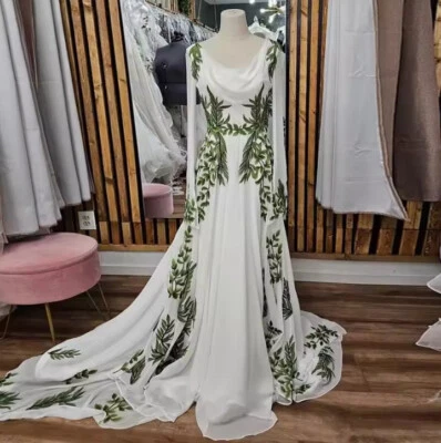 Leaf Lace Embroidery Forest Wedding Dresses Flared Sleeves Chiffon Fairy Garden - Image 1 of 4