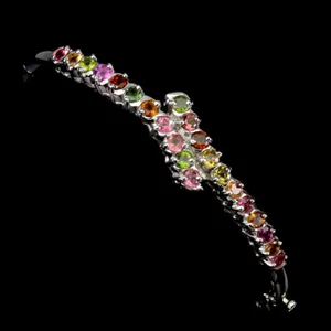 925 Sterling Silver Bangle Round Tourmaline 3mm Natural Gemstone Jewelry - Picture 1 of 14