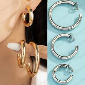 CLIP ON thick 3cm 4cm 5cm HOOP EARRINGS smooth plain SILVER/GOLD fashion HOOPS - Picture 1 of 30