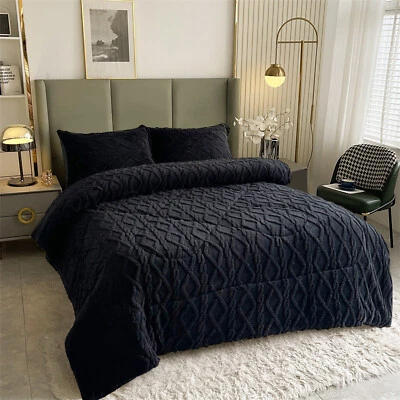 3 Piece Sherpa Fleece Comforter Set Knitted Borrego Queen King Size Bed Blanket