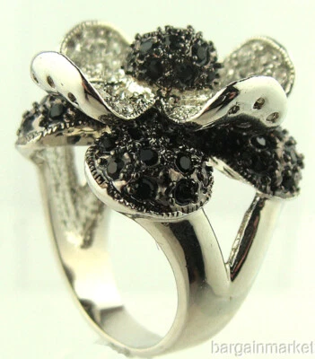Silver Black & Clear Crystal Rose Flower Cocktail Ring Size 6 - Image 1 of 4