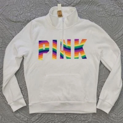 Victoria's Secret ROSA Pequeña Orgullo Arco Iris Media Cremallera Pullover Sudadera Blanca Foto 1 de 4