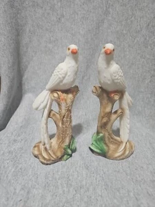 Pair Of Italian Ceramic Pottery White Tropical Birds On Perch Lot Of 2 - Picture 1 of 11
