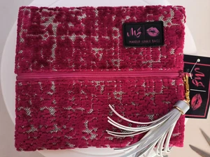 NWT Makeup JUNKIE BAGS Fushia Fushion Small 8.5x7.5 Makeup Cotton White Tassel - Picture 1 of 4
