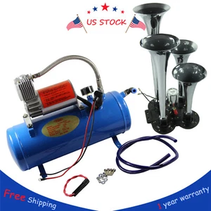 150 dB Air Horn 4 Trumpet 12 Volt Compressor 3ft Hose Train 125 PSI Kit Truck - Picture 1 of 9