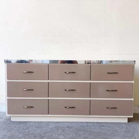1980s Postmodern Cream and Taupe Lacquer Laminate Lowboy Dresser Cover
