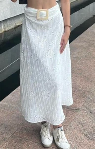 Zara White Eyelet Midi Skirt XS High Waist Belt w/Buckle Cottage Boho Beach NWOT - Picture 1 of 16