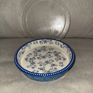 Temptations Floral Lace Winter Blue Pie Dish And Lid Snowflakes Blue / Cream 10” - Picture 1 of 6