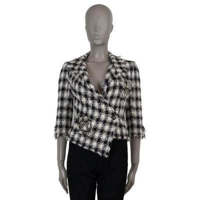 72324 Auténtica Chaqueta CHANEL Blanco Azul Marino Beige Algodón 07P WEED a Cuadros con Flecos 36 XS Foto 1 de 4