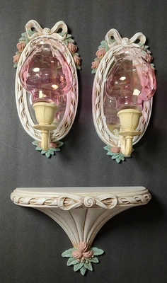 Vtg Burwood Ribbons Bows Wall Mirror Sconces Shelf Set Plastic Glass Home Int - Image 1 of 4