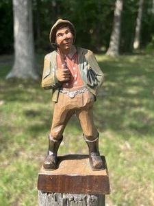 Vintage Anri Wood Carved Figurine Man Holding Pipe Broken Umbrella Handle - Picture 1 of 8