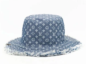 AUTH LOUIS VUITTON MONOGRAM DENIM FRINGE BUCKET HAT REVERSIBLE BLUE BLACK M76530 - Picture 1 of 8