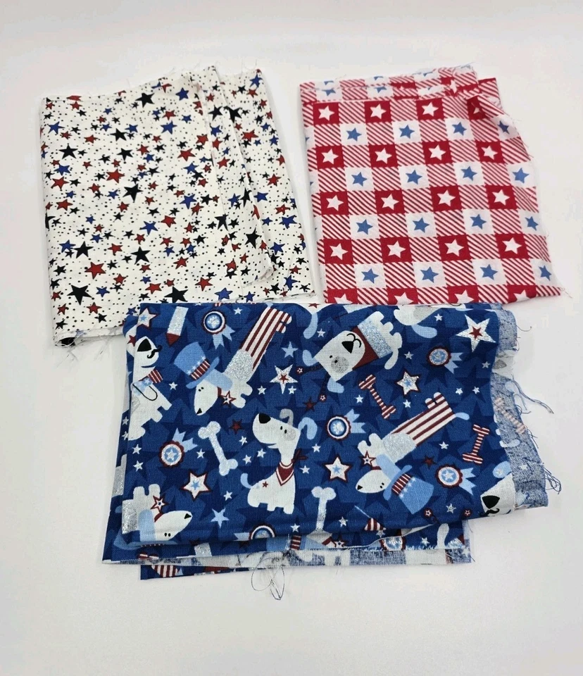 Patriotic 4th July Red White Blue Fabric Remnants w Stars Dogs - Image 1 of 2