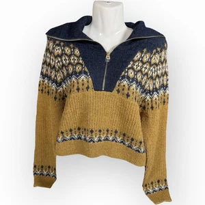 Neu mit Etikett J. Crew Fair Isle Pullover mit halbem Reißverschluss in Marineblau Buttercreme Holz gebürstetes Garn XS - Bild 1 von 11