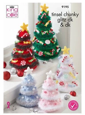 King Cole 9195 Christmas Trees KNITTING PATTERN in Tinsel Chunky & Glitz DK 9195 - Image 1 of 2
