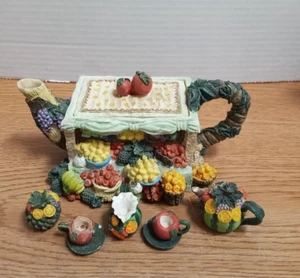 1990's Miniature Mini Tea Pot Set Fruit Cart 7Pc Novelty Resin  - Picture 1 of 5