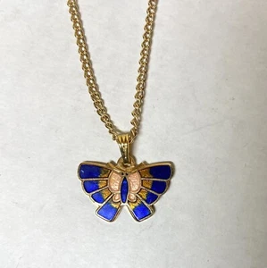 Emaille Schmetterling Anhänger Halskette blau und orange Emaille Farben - 18" Kette - Bild 1 von 4