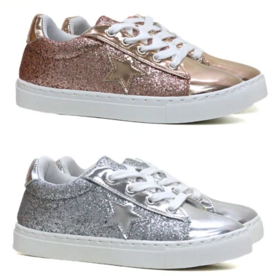 PESCOOL Girls Lace Up Star Canvas Trainers Pumps Skate Plimsolls New Fashion Shoes Size